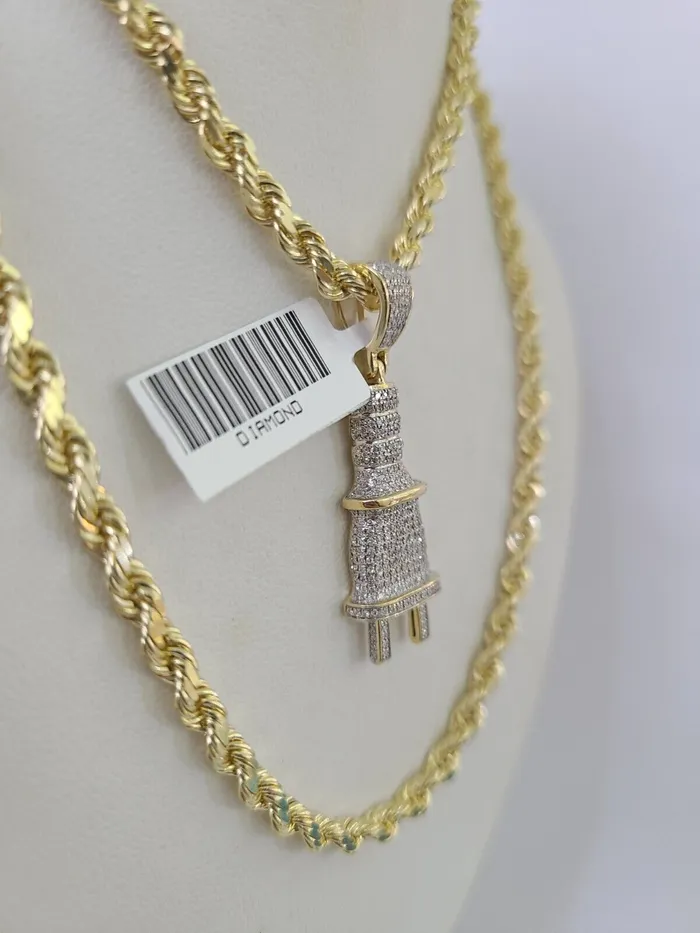 Necklaces Gold and Diamond 10k Solid Rope Chain Plug Socket Charm Diamond Set 4mm 2028 Necklace Gold