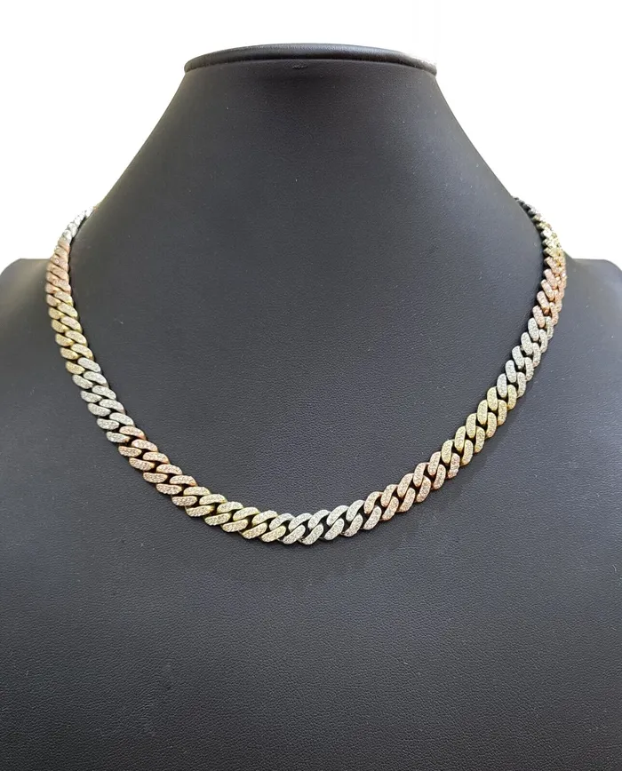 Necklaces Gold and Diamond Real Diamond Tricolor Necklace 10k Solid Gold 20 Inch 8mm Miami Cuban Chain Necklaces Gold and Diamond Real Diamond Tricolor Necklace 10k Solid Gold 20 Inch 8mm Miami Cuban Chain