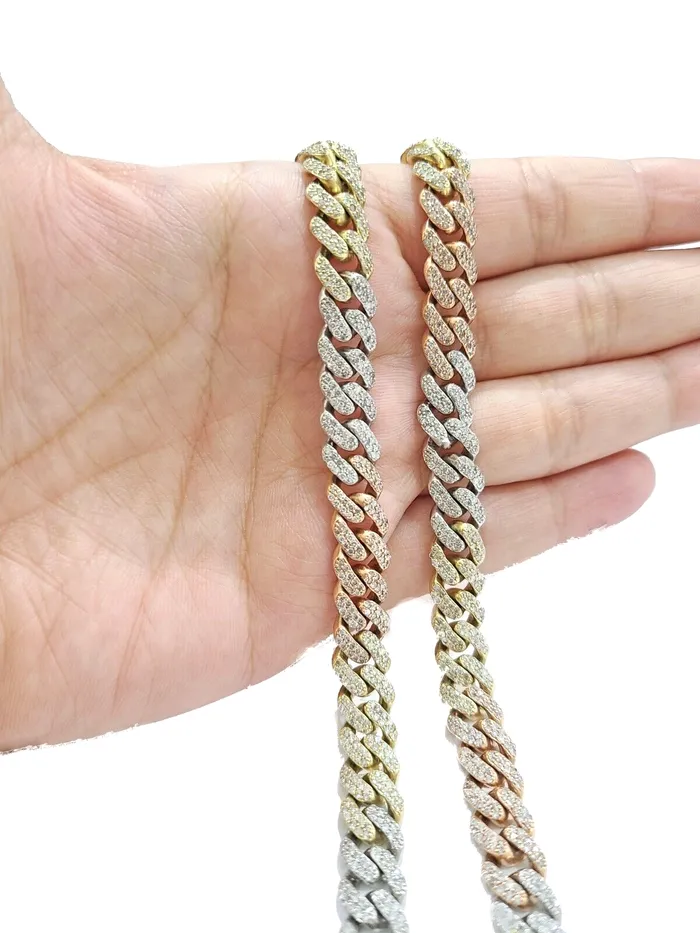 Necklaces Gold and Diamond Real Diamond Tricolor Necklace 10k Solid Gold 20 Inch 8mm Miami Cuban Chain