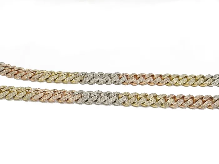 Necklaces Gold and Diamond Real Diamond Tricolor Necklace 10k Solid Gold 20 Inch 8mm Miami Cuban Chain