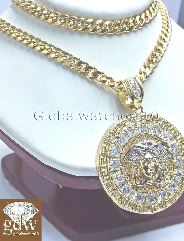 Real 10k Yellow Gold Head Charm Miami Cuban 24 Chain Necklace Gold and Diamond Necklaces