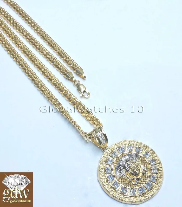 Real 10k Yellow Gold Head Charm Miami Cuban 24 Chain Necklace Gold and Diamond Necklaces